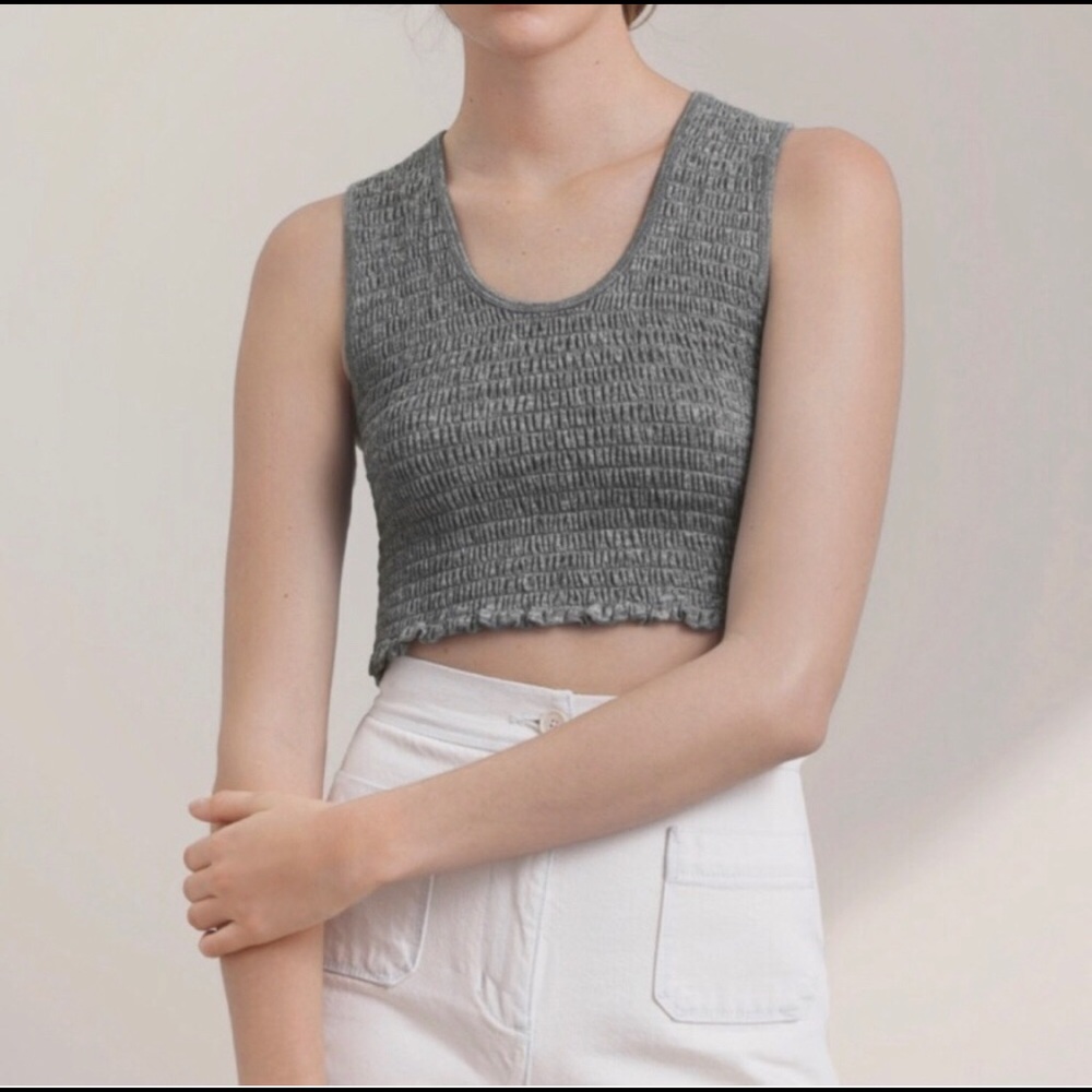 Wilfred Free by Aritzia Natane Smocked Crop Tank Top | Mottled Green | Sz M